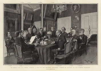 Eine Prüfung für einen Autor, ein Stück vor dem kürzlich abgeschafften Comite de Lecture der Comédie-Française vorlesend